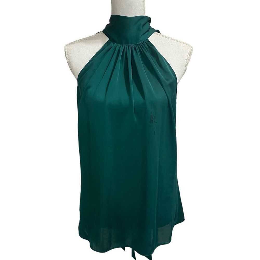 London Times Green Halter Chiffon Pleated Sleeveless Blouse Women's Size S 